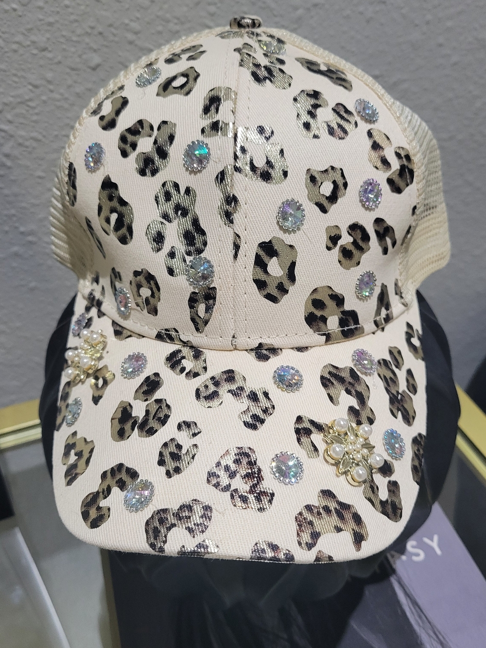 Leopard Print Rhinestone Trucker Hat - Cream